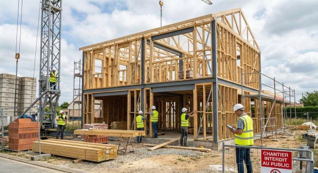 Chantier de construction neuve en France avec ouvriers au travail