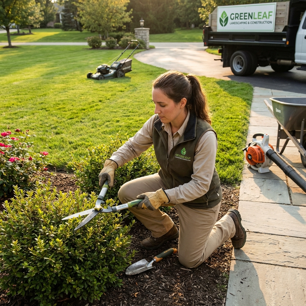 Jardinier professionnel entretenant un jardin avec équipement professionnel